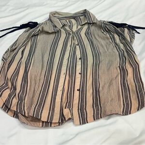 Free People Striped Button-Front Midi Skirt in Beige and Navy